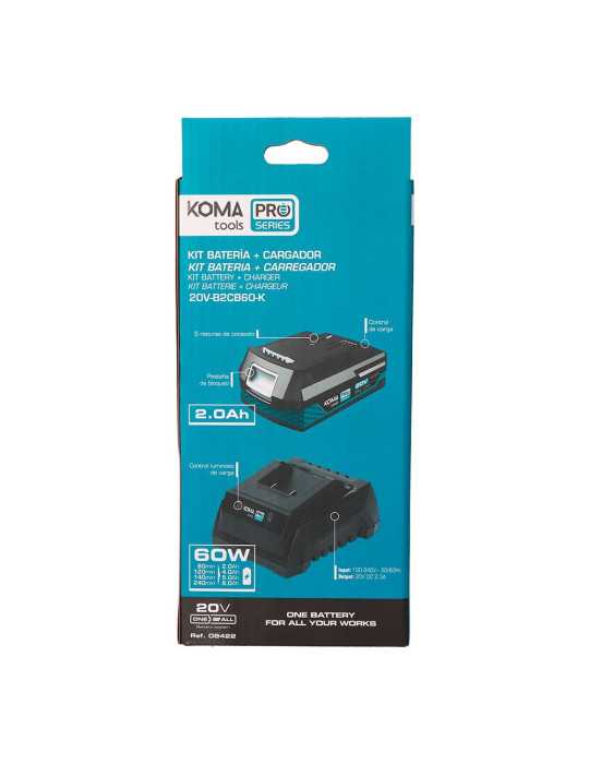 Pack Batería Li-Ion 20 V 2.0 Ah (08770) + Cargador 20 V 60 W (08772) KOMA TOOLS