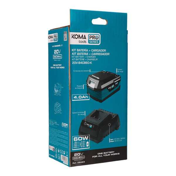 Pack Batería Li-Ion 20 V 4.0 Ah (08771) + Cargador 20 V 60 W (08772) KOMA TOOLS