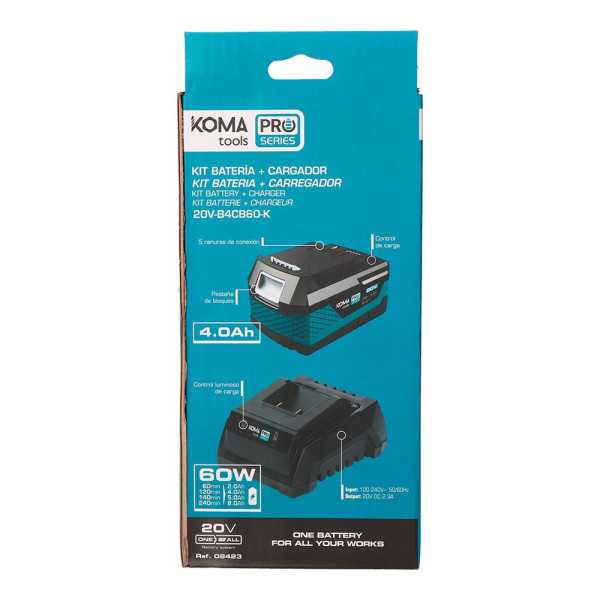 Pack Batería Li-Ion 20 V 4.0 Ah (08771) + Cargador 20 V 60 W (08772) KOMA TOOLS