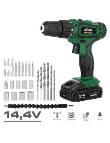 Kit Taladro Atornillador 14,4 V con 27 Accesorios, Batería 1500 mAh y Cargador KOMA TOOLS