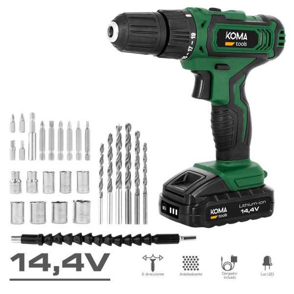 Kit Taladro Atornillador 14,4 V con 27 Accesorios, Batería 1500 mAh y Cargador KOMA TOOLS
