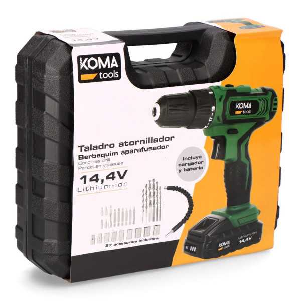 Kit Taladro Atornillador 14,4 V con 27 Accesorios, Batería 1500 mAh y Cargador KOMA TOOLS