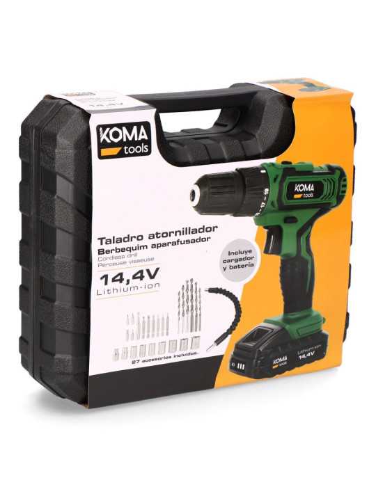 Kit Taladro Atornillador 14,4 V con 27 Accesorios, Batería 1500 mAh y Cargador KOMA TOOLS