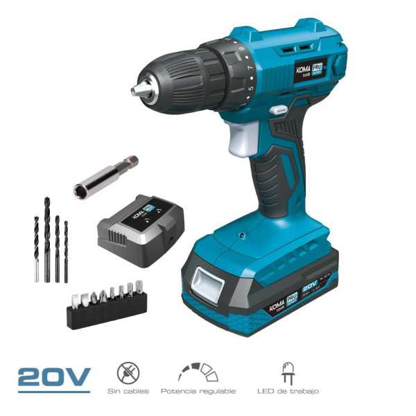 Kit Taladro Atornillador 20 V con Batería 2,0Ah y Cargador KOMA TOOLS