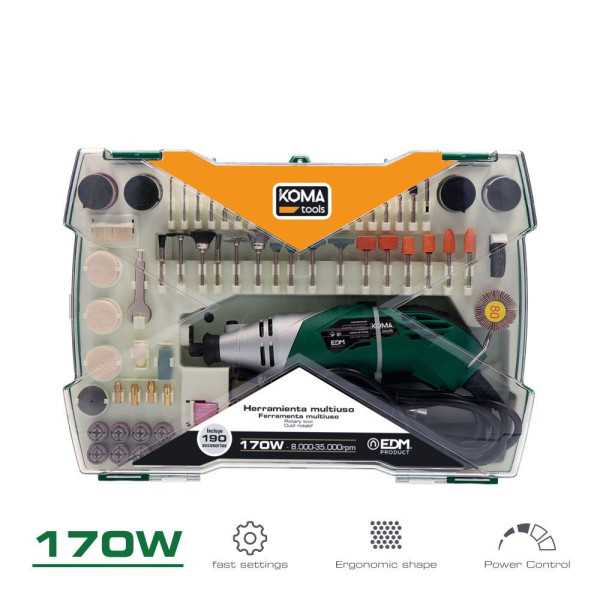 Multiherramienta Rotativa 170W, 190 Accesorios, con Cable 2 m KOMA TOOLS