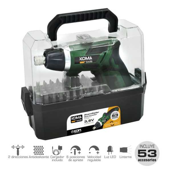 Kit Atornillador Recargable 3,6 V con 53 Accesorios y Cargador KOMA TOOLS