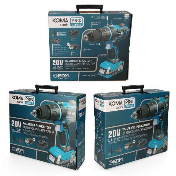Kit Taladro Percutor Atornillador 20 V Pro Series con 2 Baterias 2.0A y Cargador KOMA TOOLS
