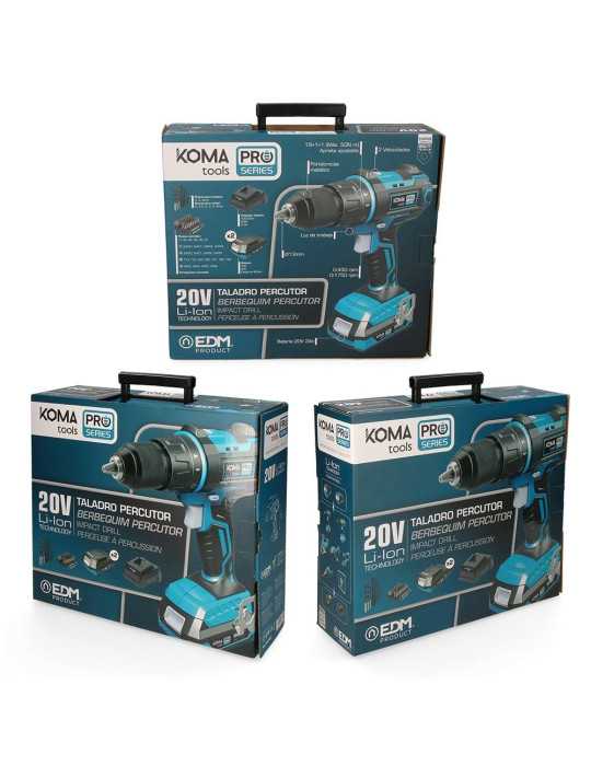 Kit Taladro Percutor Atornillador 20 V Pro Series con 2 Baterias 2.0A y Cargador KOMA TOOLS