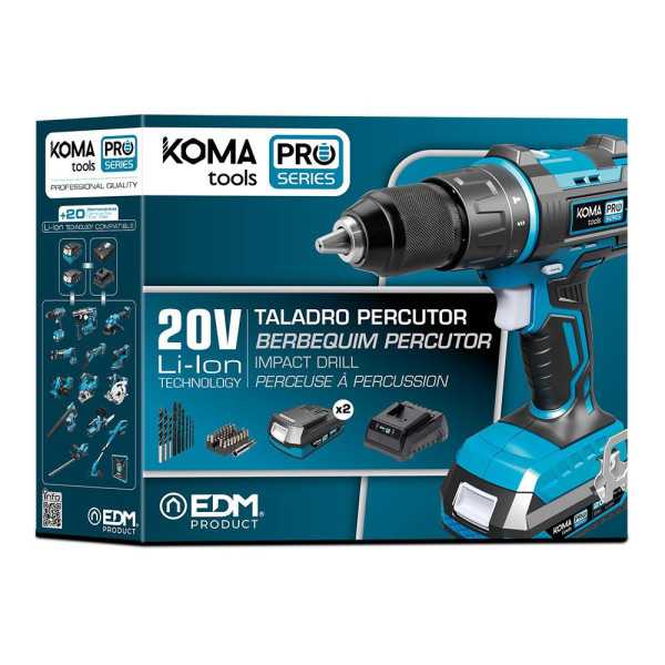 Kit Taladro Percutor Atornillador 20 V Pro Series con 2 Baterias 2.0A y Cargador KOMA TOOLS