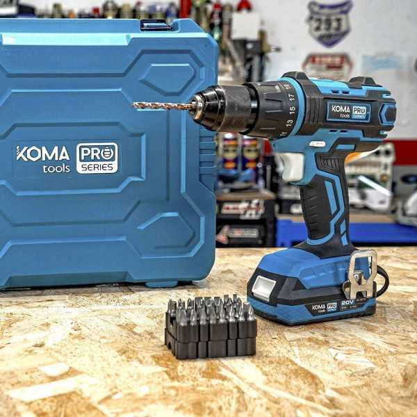 Kit Taladro Percutor Atornillador 20 V Pro Series con 2 Baterias 2.0A y Cargador KOMA TOOLS