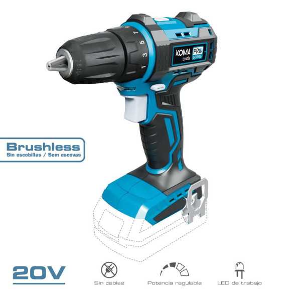 Taladro Atornillador 20 V Brushless, sin Batería Ni Cargador, Portabrocas Ø10 mm, 18,5 x 7 x 19,6 cm KOMA TOOLS