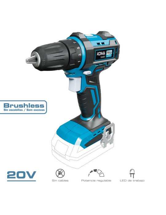 Taladro Atornillador 20 V Brushless, sin Batería Ni Cargador, Portabrocas Ø10 mm, 18,5 x 7 x 19,6 cm KOMA TOOLS