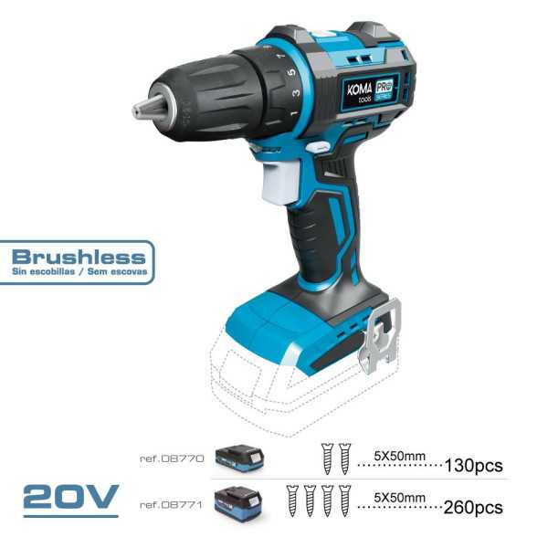 Taladro Atornillador 20 V Brushless, sin Batería Ni Cargador, Portabrocas Ø10 mm, 18,5 x 7 x 19,6 cm KOMA TOOLS
