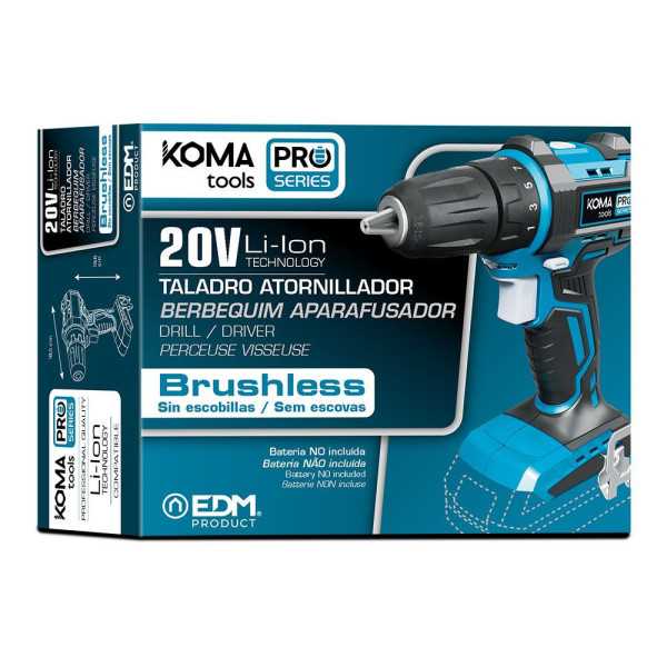 Taladro Atornillador 20 V Brushless, sin Batería Ni Cargador, Portabrocas Ø10 mm, 18,5 x 7 x 19,6 cm KOMA TOOLS