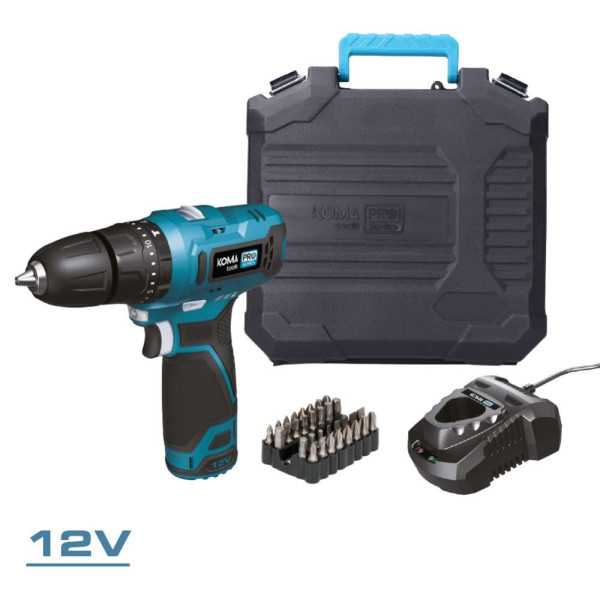 Kit Taladro Percutor 12 V con Accesorios, Batería 2.0Ah y Cargador KOMA TOOLS