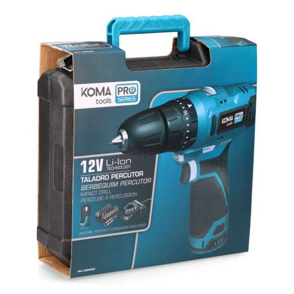 Kit Taladro Percutor 12 V con Accesorios, Batería 2.0Ah y Cargador KOMA TOOLS