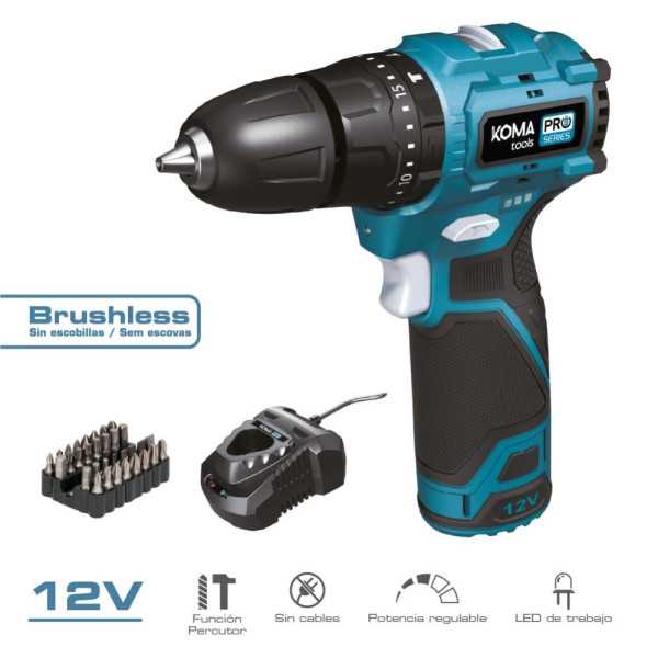 Kit Taladro Percutor Brushless 12 V con Accesorios, Batería 2.0Ah y Cargador KOMA TOOLS