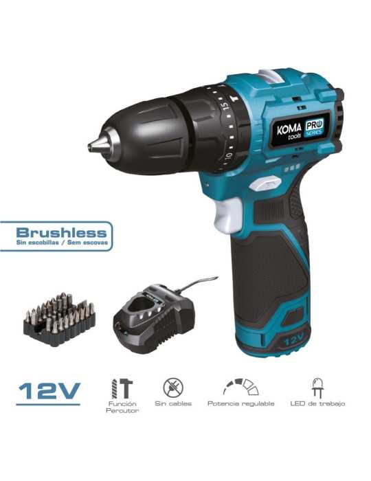 Kit Taladro Percutor Brushless 12 V con Accesorios, Batería 2.0Ah y Cargador KOMA TOOLS