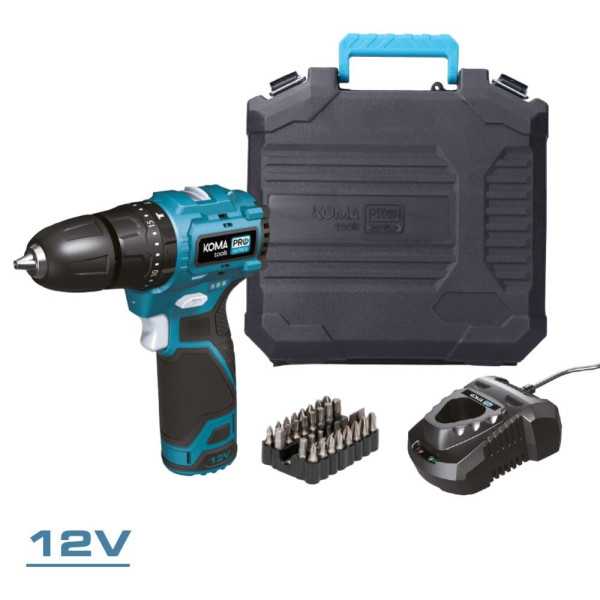 Kit Taladro Percutor Brushless 12 V con Accesorios, Batería 2.0Ah y Cargador KOMA TOOLS