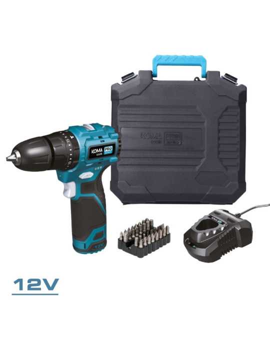 Kit Taladro Percutor Brushless 12 V con Accesorios, Batería 2.0Ah y Cargador KOMA TOOLS