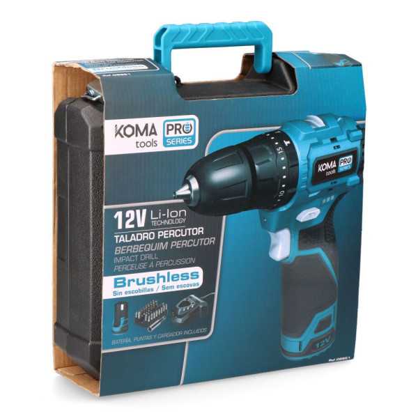 Kit Taladro Percutor Brushless 12 V con Accesorios, Batería 2.0Ah y Cargador KOMA TOOLS