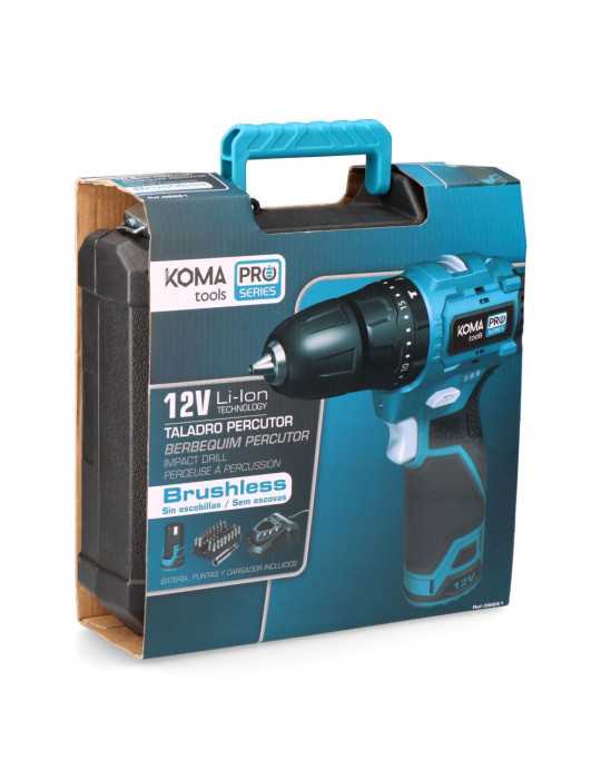 Kit Taladro Percutor Brushless 12 V con Accesorios, Batería 2.0Ah y Cargador KOMA TOOLS