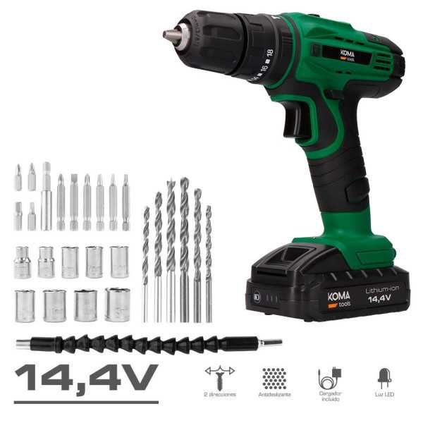 Kit Taladro Percutor Atornillador 14,4 V con 28 Accesorios, Batería 1500 mAh y Cargador KOMA TOOLS