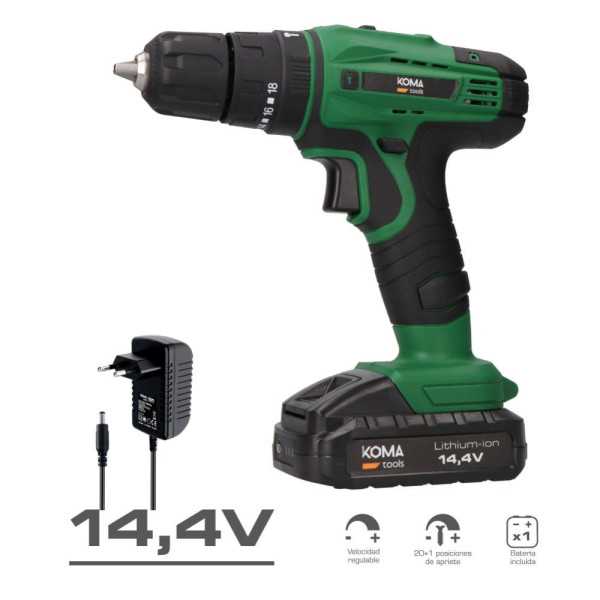Kit Taladro Percutor Atornillador 14,4 V con 28 Accesorios, Batería 1500 mAh y Cargador KOMA TOOLS