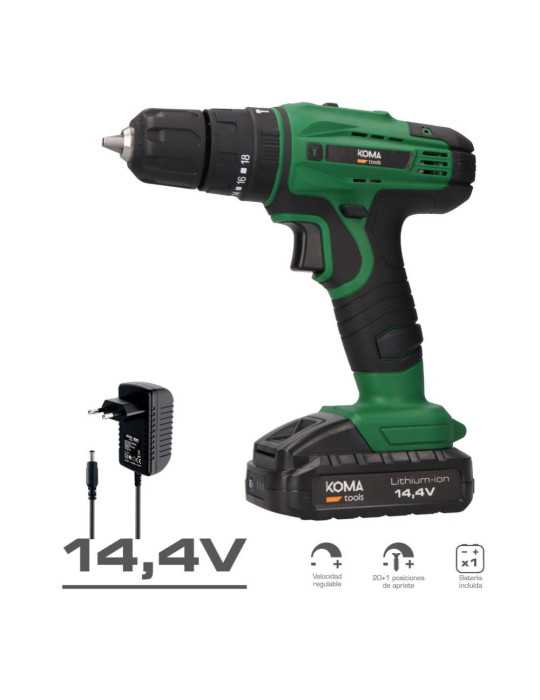 Kit Taladro Percutor Atornillador 14,4 V con 28 Accesorios, Batería 1500 mAh y Cargador KOMA TOOLS