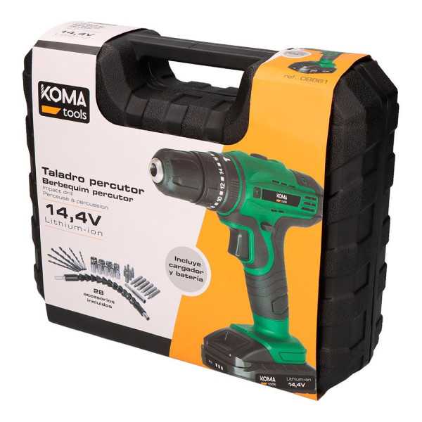 Kit Taladro Percutor Atornillador 14,4 V con 28 Accesorios, Batería 1500 mAh y Cargador KOMA TOOLS