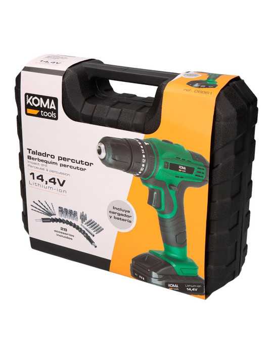Kit Taladro Percutor Atornillador 14,4 V con 28 Accesorios, Batería 1500 mAh y Cargador KOMA TOOLS