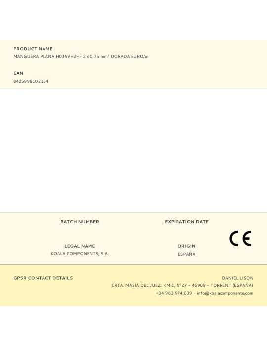Lote de 200 Unidades Manguera Plana H03VVH2-F 2 x 0,75 mm² Dorada EURO/m KOALA COMPONENTS