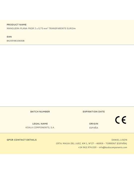 Lote de 200 Unidades Manguera Plana Fror 2 x 0,75 mm² Transparente EURO/m KOALA COMPONENTS