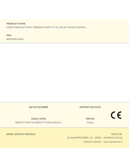 Lote de 100 Unidades Cable Paralelo Textil Trenzado H05V-K 3 G 1,00 mm² Blanco EURO/m EDM