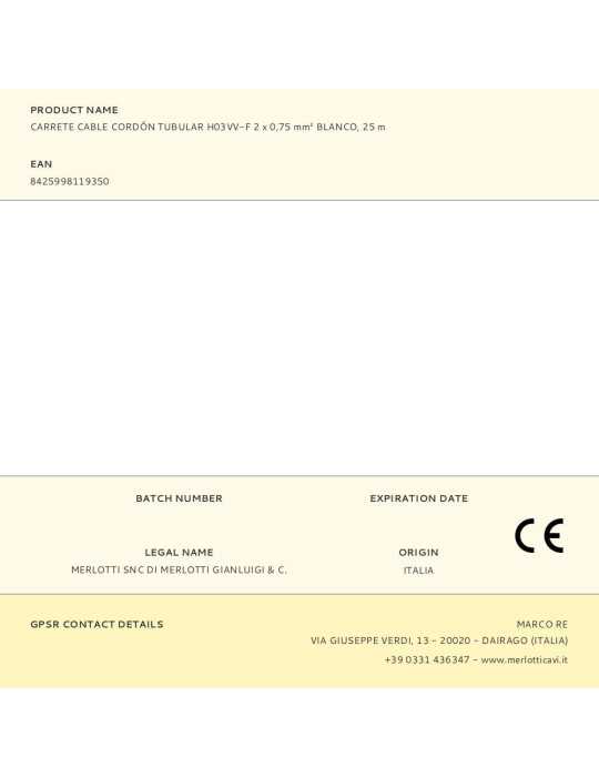 Lote de 25 Unidades Carrete Cable Cordón Tubular H03VV-F 2 x 0,75 mm² Blanco, 25 m EDM