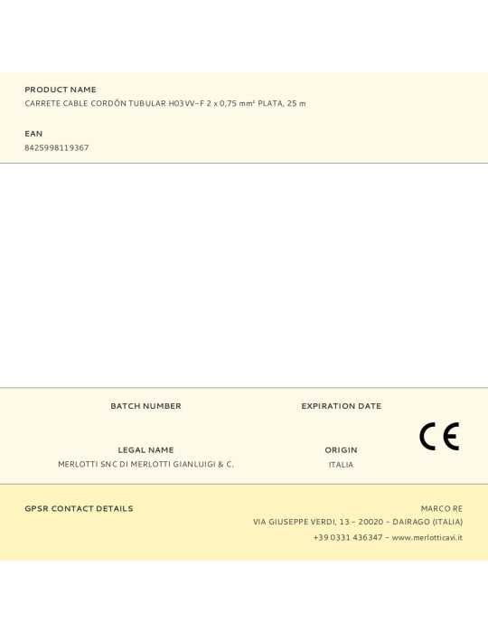 Lote de 25 Unidades Carrete Cable Cordón Tubular H03VV-F 2 x 0,75 mm² Plata, 25 m EDM