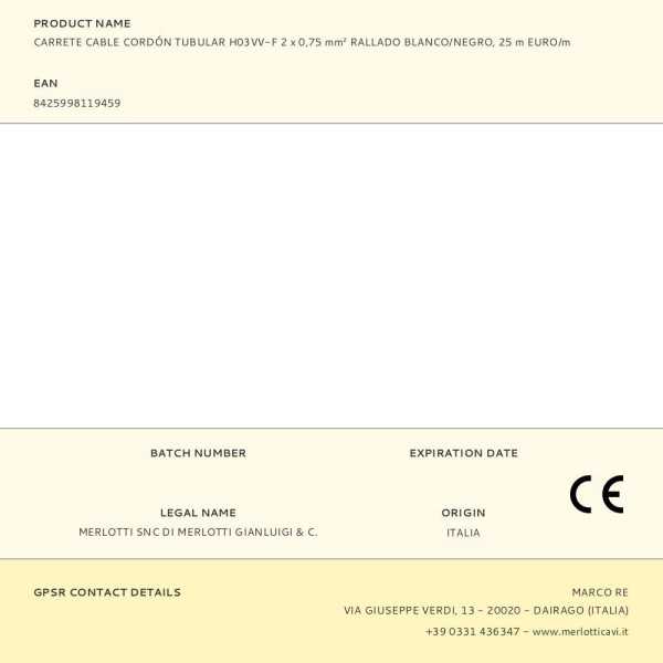 Lote de 25 Unidades Carrete Cable Cordón Tubular H03VV-F 2 x 0,75 mm² Rallado Blanco/Negro, 25 m EURO/m EDM