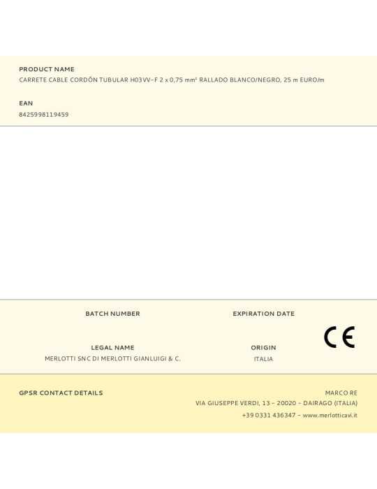 Lote de 25 Unidades Carrete Cable Cordón Tubular H03VV-F 2 x 0,75 mm² Rallado Blanco/Negro, 25 m EURO/m EDM