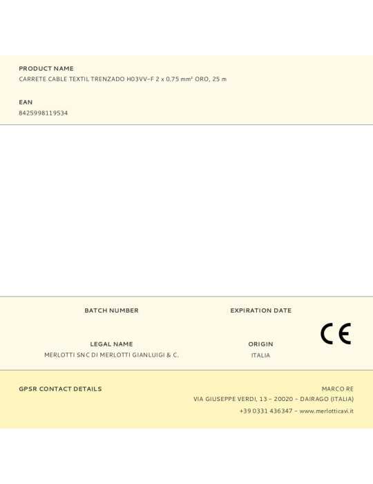 Lote de 25 Unidades Carrete Cable Textil Trenzado H03VV-F 2 x 0,75 mm² Oro, 25 m EDM