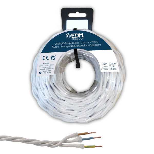 Carrete Cable Paralelo Textil Trenzado H07V-k 3 G 2,50 mm² Blanco, 25 m EDM