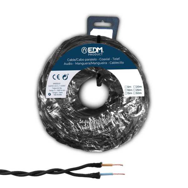 Carrete Cable Paralelo Textil Trenzado H05VV-F 2 x 1,50 mm² Negro, 25 m EDM