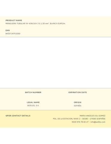 Lote de 100 Unidades Manguera Tubular VV-K06/1KV 3 G 1,50 mm², Blanca EURO/m SEDILES 2