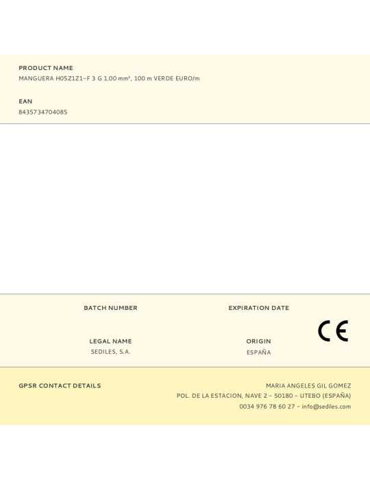 Lote de 100 Unidades Manguera H05Z1Z1-F 3 G 1,00 mm², 100 m Verde EURO/m SEDILES