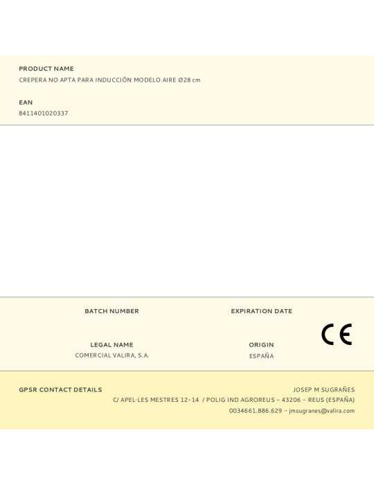 Crepera No Apta para Inducción Modelo Aire Ø28 cm VALIRA