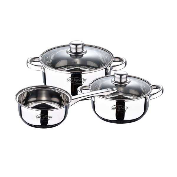 Bateria 5 Piezas de Acero Inoxidable Cassel: Cazo Ø16 cm / Cacerola con Tapa Ø18 cm / Cacerola con Tapa Ø20 cm SAN IGNACIO