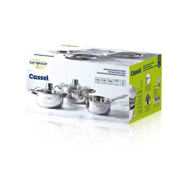 Bateria 5 Piezas de Acero Inoxidable Cassel: Cazo Ø16 cm / Cacerola con Tapa Ø18 cm / Cacerola con Tapa Ø20 cm SAN IGNACIO