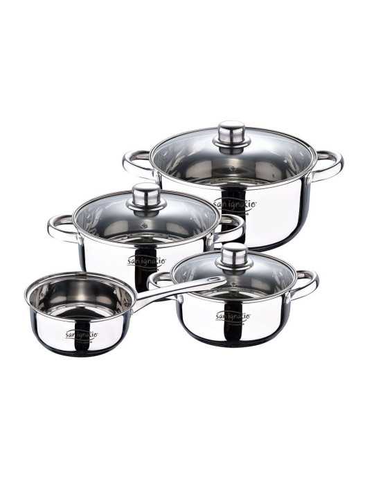 Bateria 7 Piezas de Acero Inox Ind Cassel: Cazo Ø16 cm / Cacerola con Tapa Ø18 cm / Cacerola con Tapa Ø20 cm / SAN IGNACIO