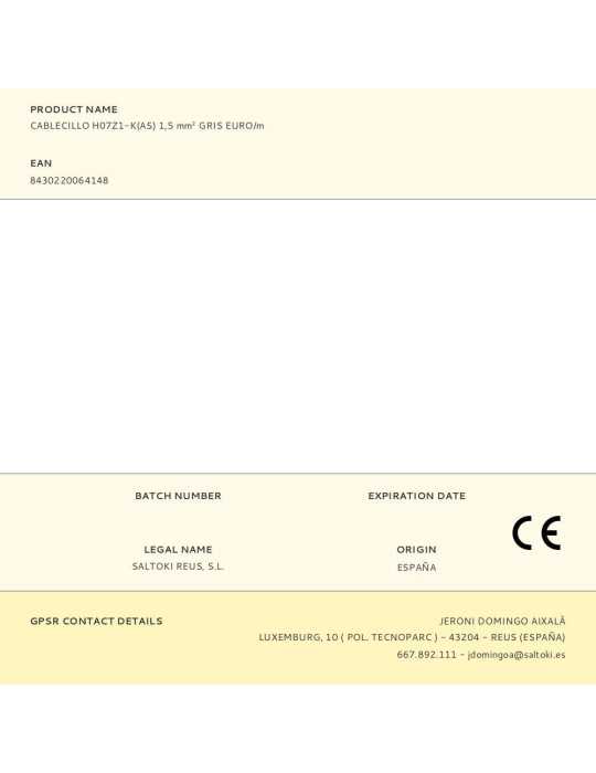 Lote de 200 Unidades Cablecillo H07Z1-K(AS) 1,5 mm² Gris EURO/m PRYSMIAN SPAIN