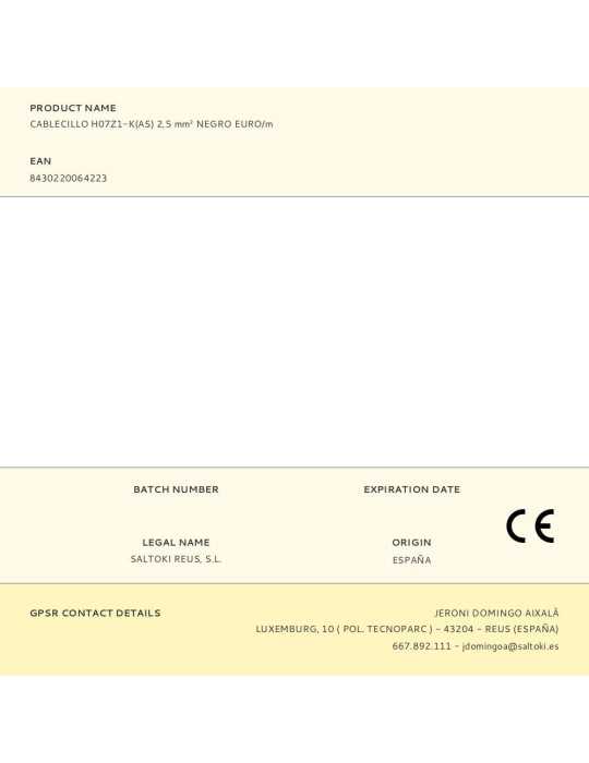 Lote de 200 Unidades Cablecillo H07Z1-K(AS) 2,5 mm² Negro EURO/m PRYSMIAN SPAIN