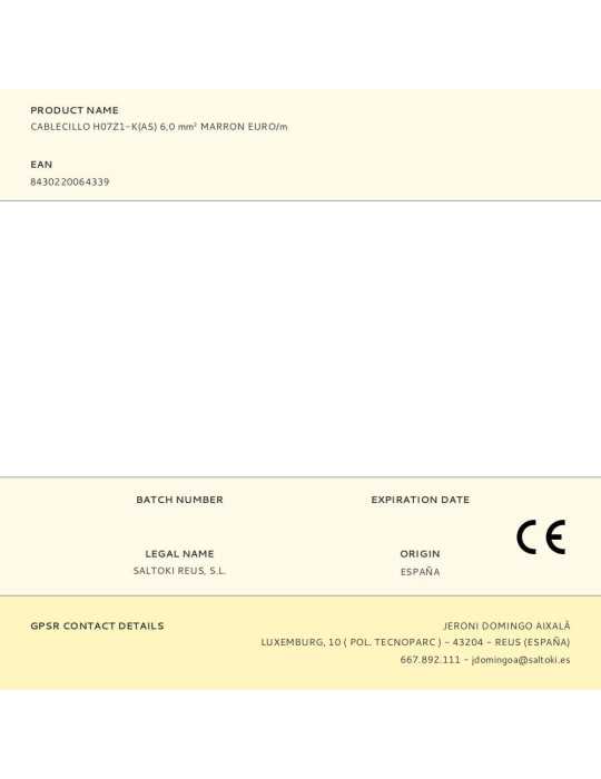 Lote de 100 Unidades Cablecillo H07Z1-K(AS) 6,0 mm² Marron EURO/m PRYSMIAN SPAIN